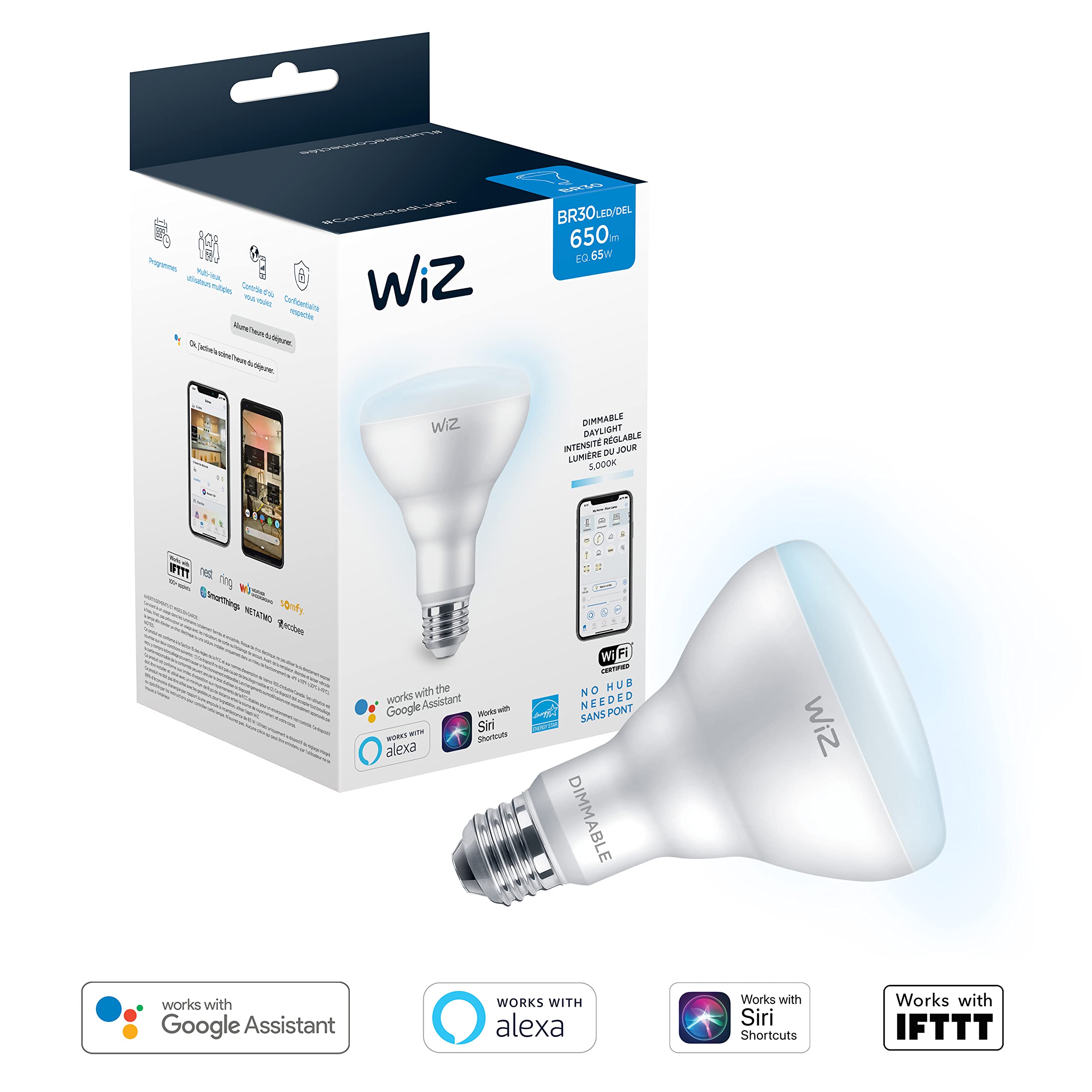 WiZ 65W BR30 WiFi Dimmable Daylight, Smart LED Light Bulb (556035